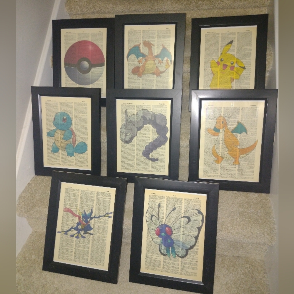 Pokémon Fan Art Watercolor Painting Over Symbolic Dictionary Pages Framed 8p Set